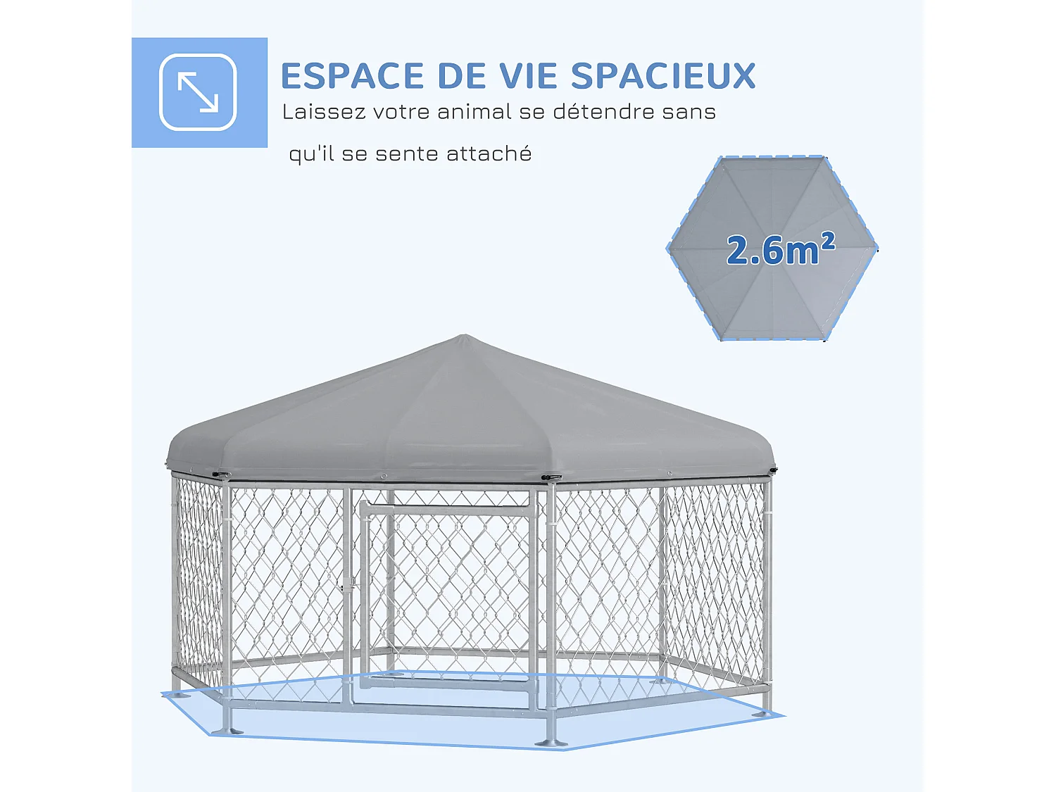 Chenil pour chien entièrement couvert - enclos chien - dim. 210L x 185l x 120H cm - porte verrouillable - acier galvanisé gris