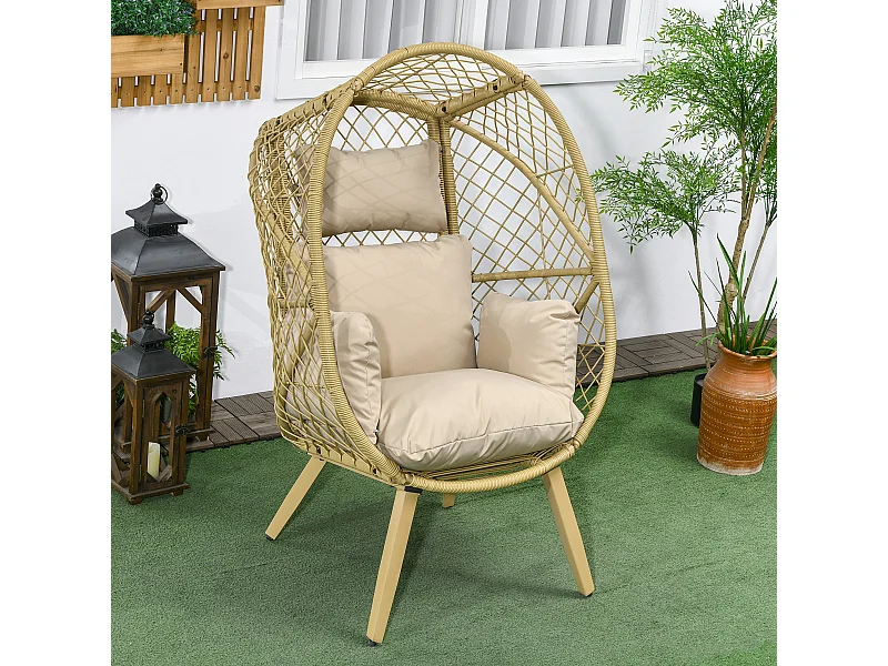 Fauteuil de jardin cocon sur pied dim. 88L x 85l x 143H cm avec coussins
