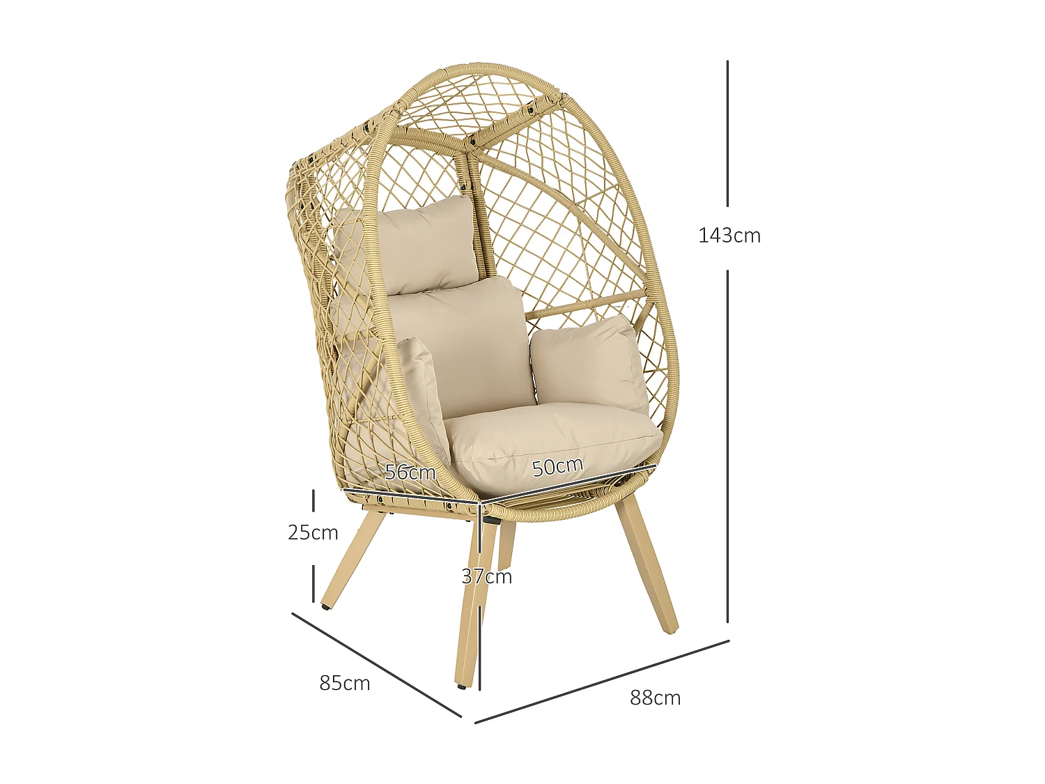 Fauteuil de jardin cocon sur pied dim. 88L x 85l x 143H cm avec coussins