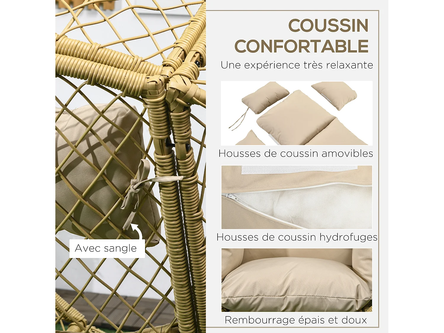 Fauteuil de jardin cocon sur pied dim. 88L x 85l x 143H cm avec coussins