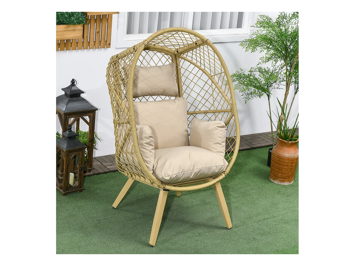 Fauteuil de jardin cocon sur pied dim. 88L x 85l x 143H cm avec coussins