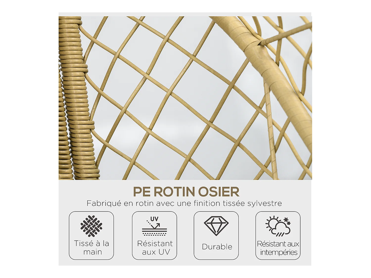 Fauteuil de jardin cocon sur pied dim. 88L x 85l x 143H cm avec coussins