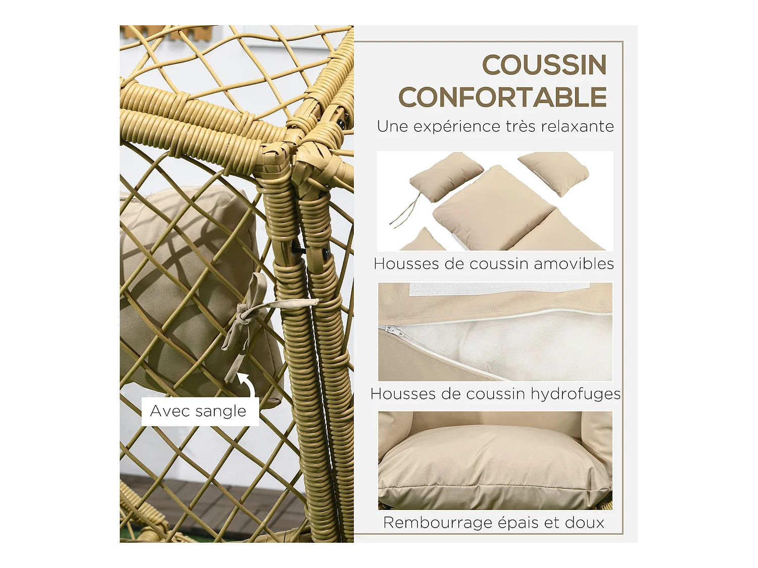 Fauteuil de jardin cocon sur pied dim. 88L x 85l x 143H cm avec coussins