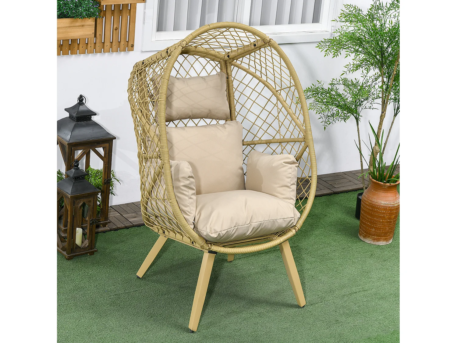 Fauteuil de jardin cocon sur pied dim. 88L x 85l x 143H cm avec coussins