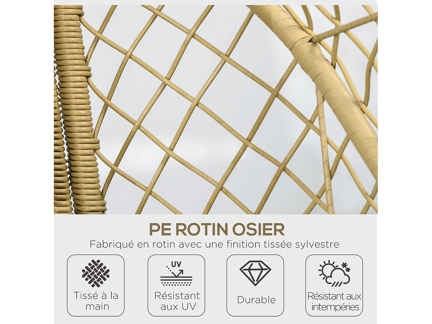 Fauteuil de jardin cocon sur pied dim. 88L x 85l x 143H cm avec coussins