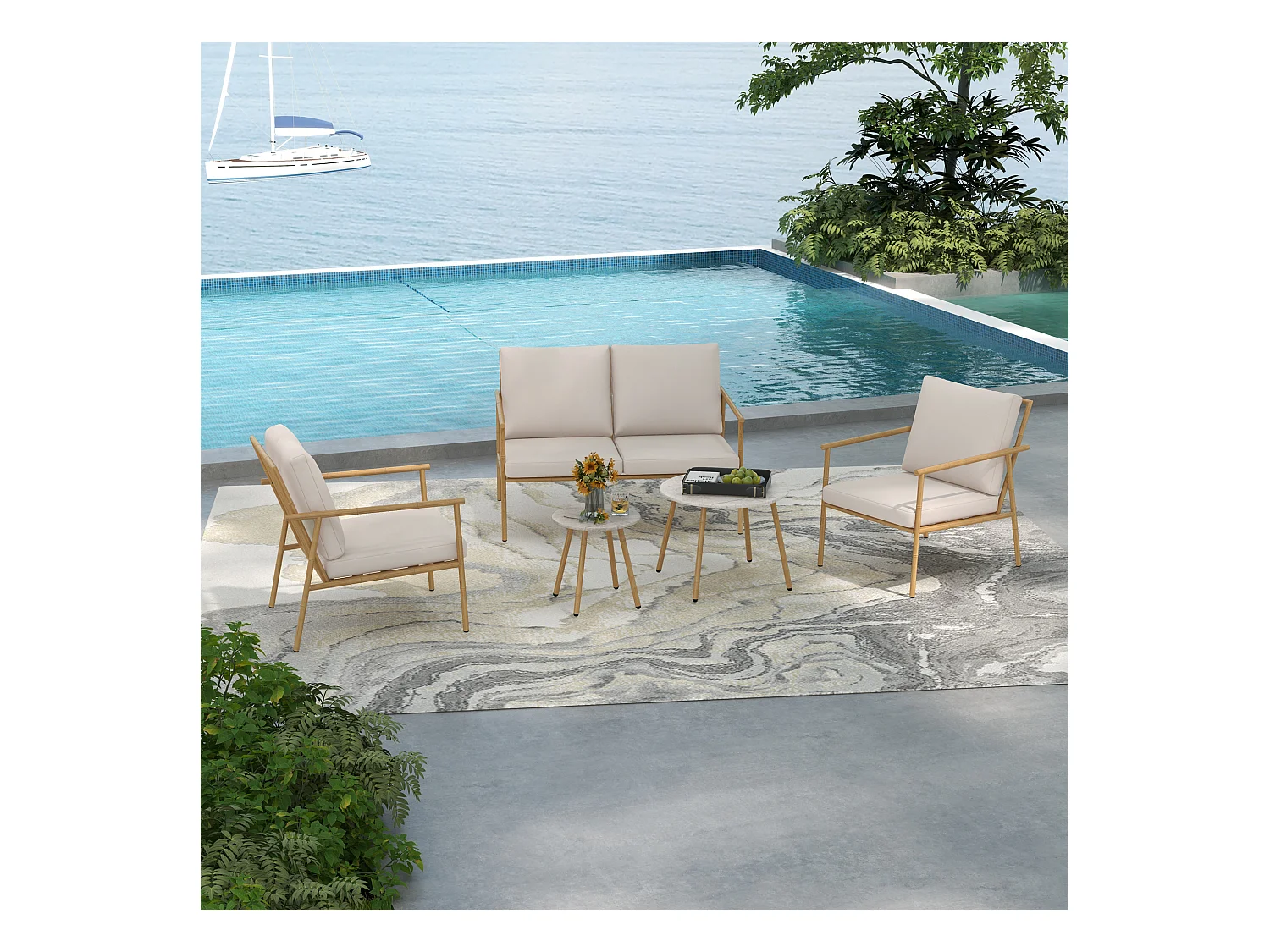 Salon de jardin 4 places 5 pcs style exotique coussins inclus grège aspect bambou