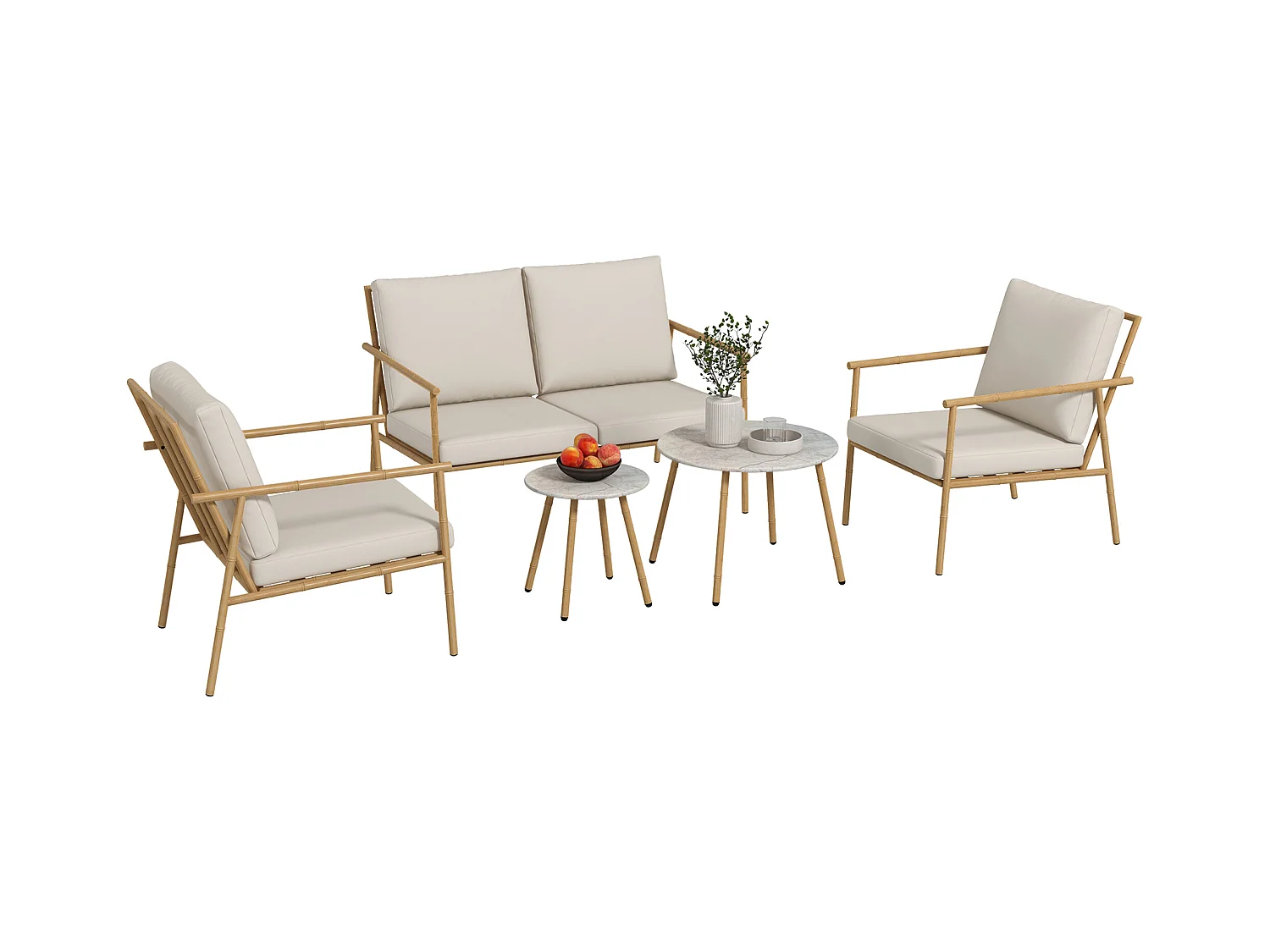 Salon de jardin 4 places 5 pcs style exotique coussins inclus grège aspect bambou