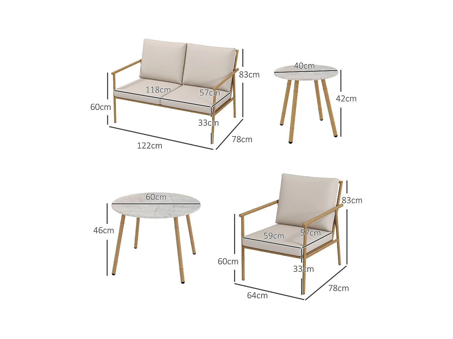 Salon de jardin 4 places 5 pcs style exotique coussins inclus grège aspect bambou