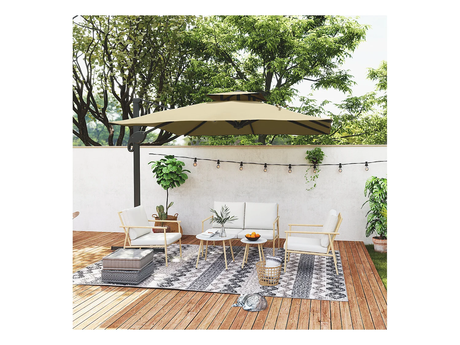 Salon de jardin 4 places 5 pcs style exotique coussins inclus grège aspect bambou