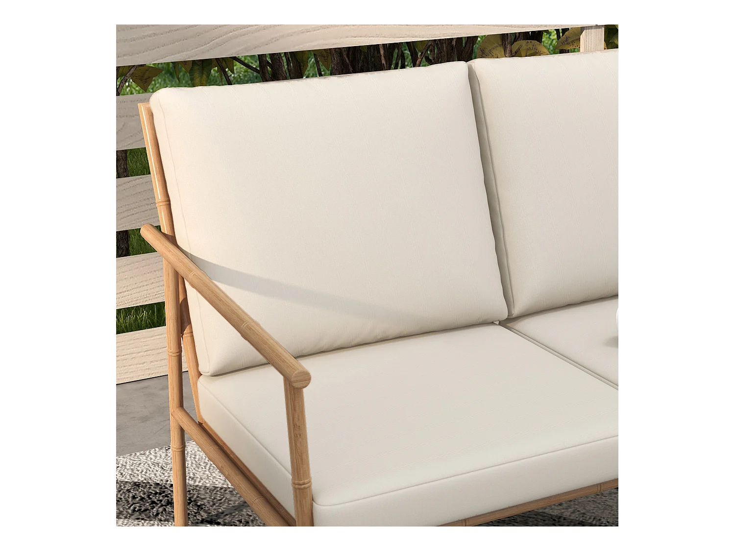Salon de jardin 4 places 5 pcs style exotique coussins inclus grège aspect bambou