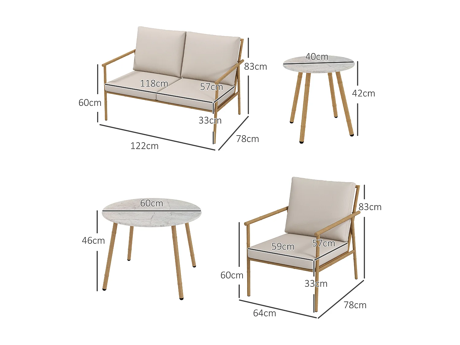 Salon de jardin 4 places 5 pcs style exotique coussins inclus grège aspect bambou