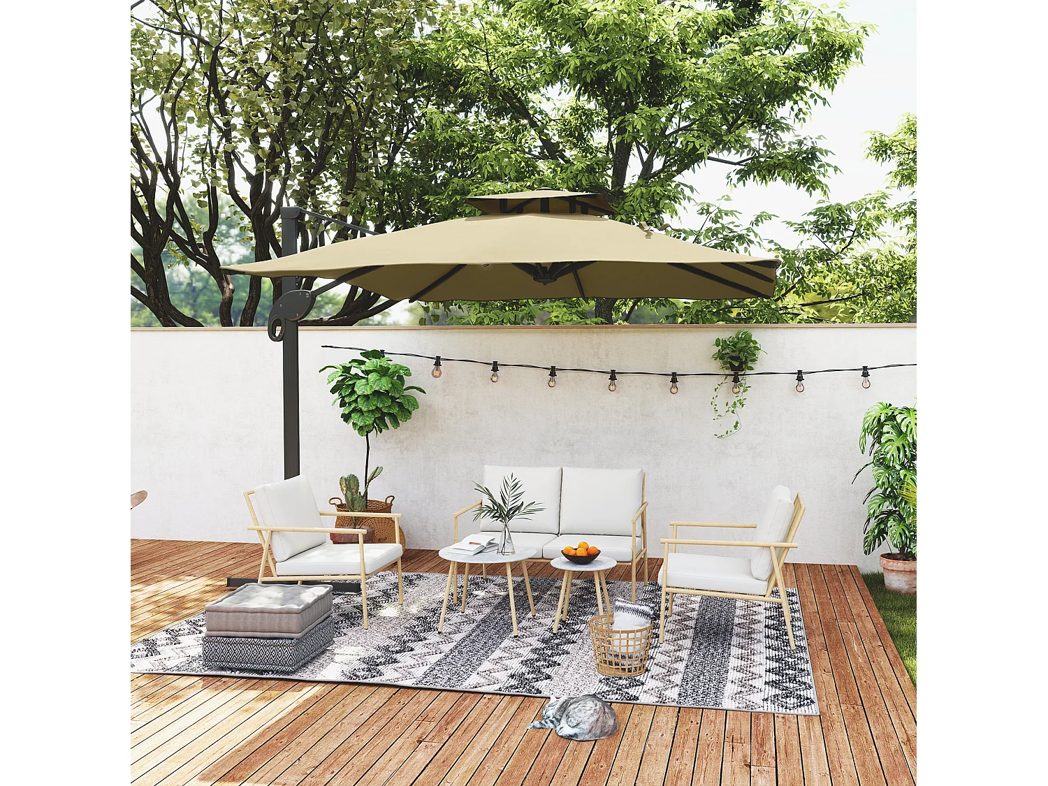 Salon de jardin 4 places 5 pcs style exotique coussins inclus grège aspect bambou