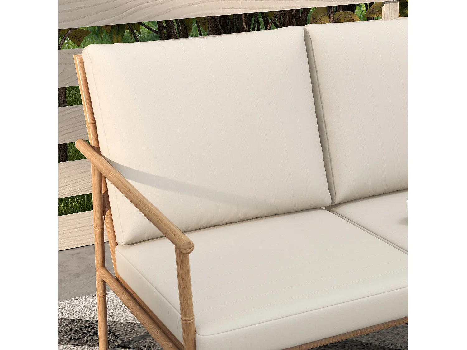 Salon de jardin 4 places 5 pcs style exotique coussins inclus grège aspect bambou