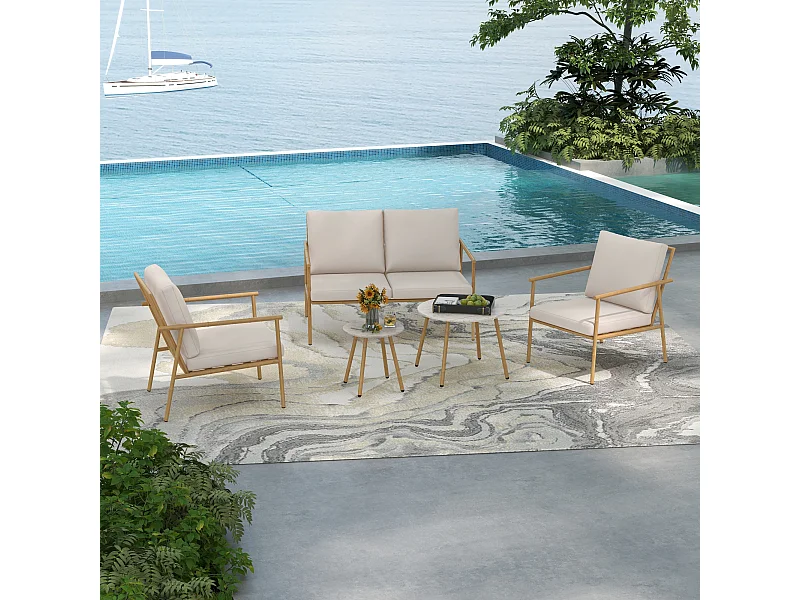 Salon de jardin 4 places 5 pcs style exotique coussins inclus grège aspect bambou