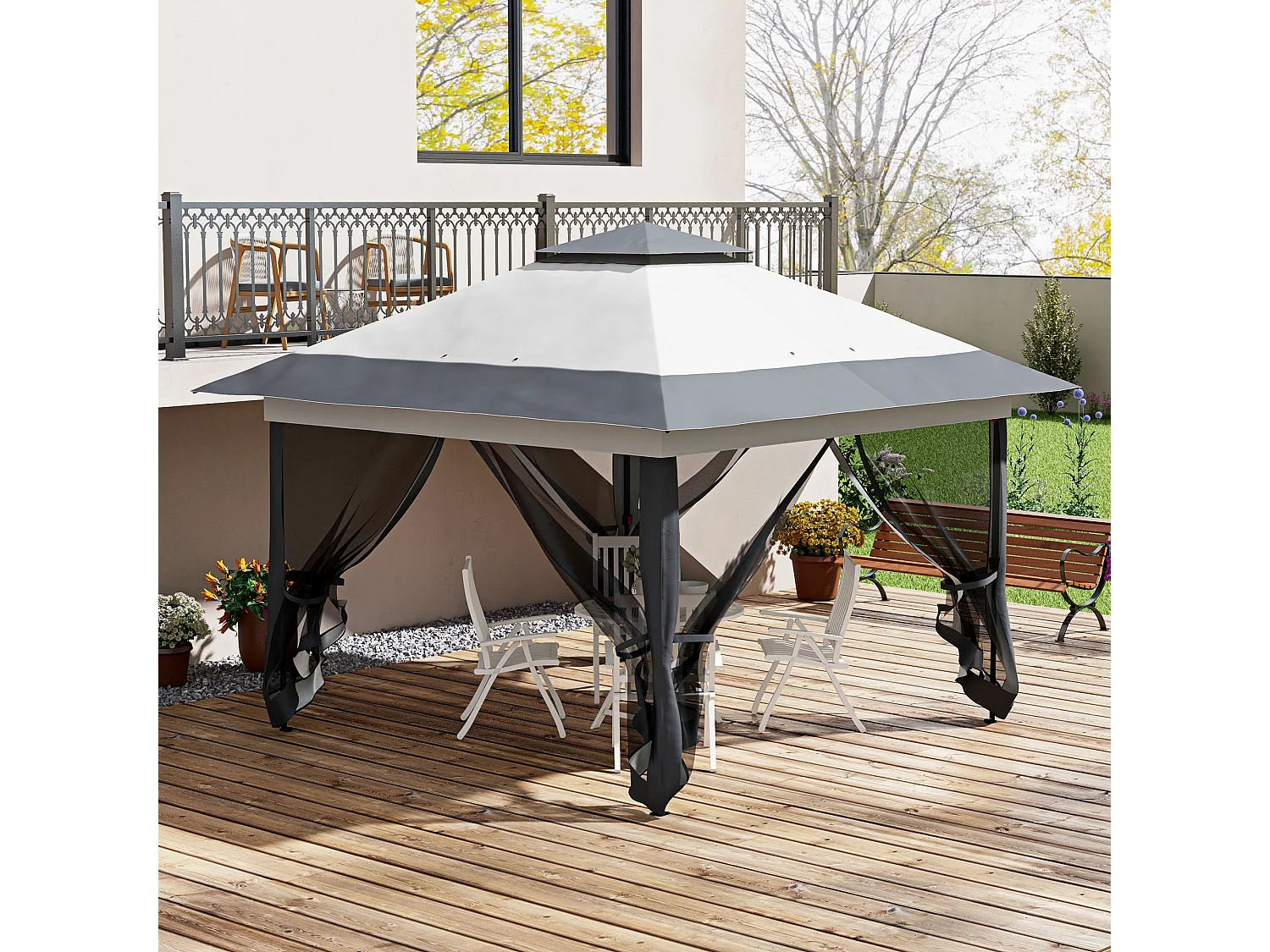 Tonnelle barnum de jardin pop-up pliant 3,64L x 3,64l x 2,98H m acier polyester moustiquaires + sac de transport à roulettes gri