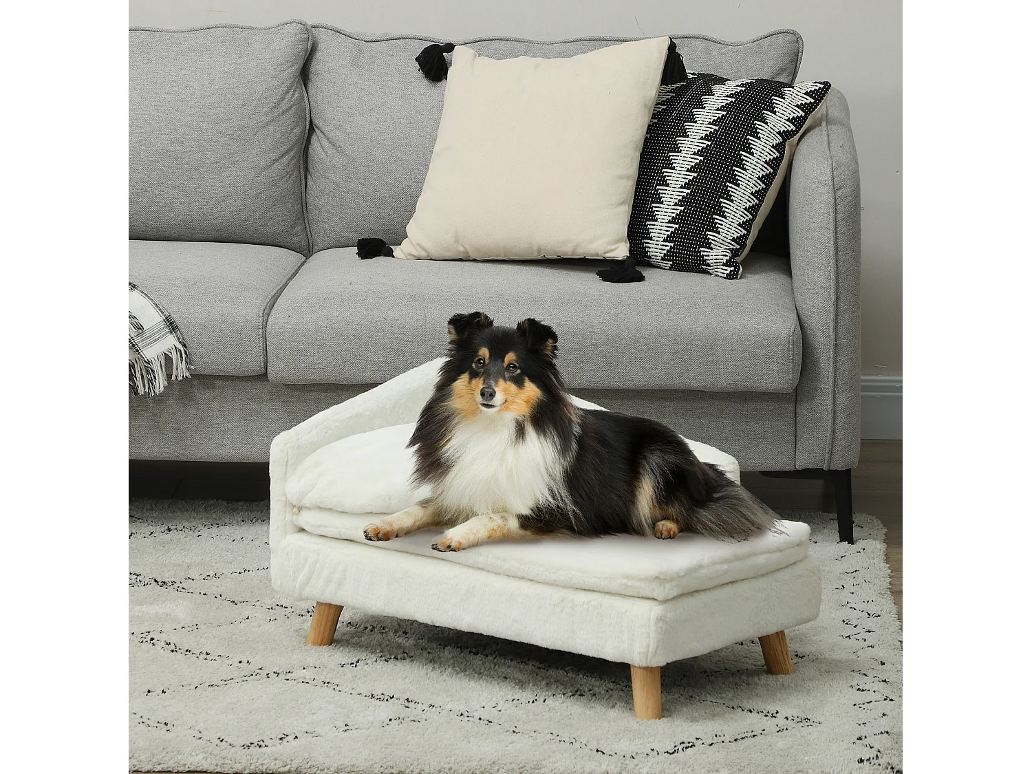 Canapé chien méridienne style scandinave 2 coussins déhoussables bois aspect fourrure crème