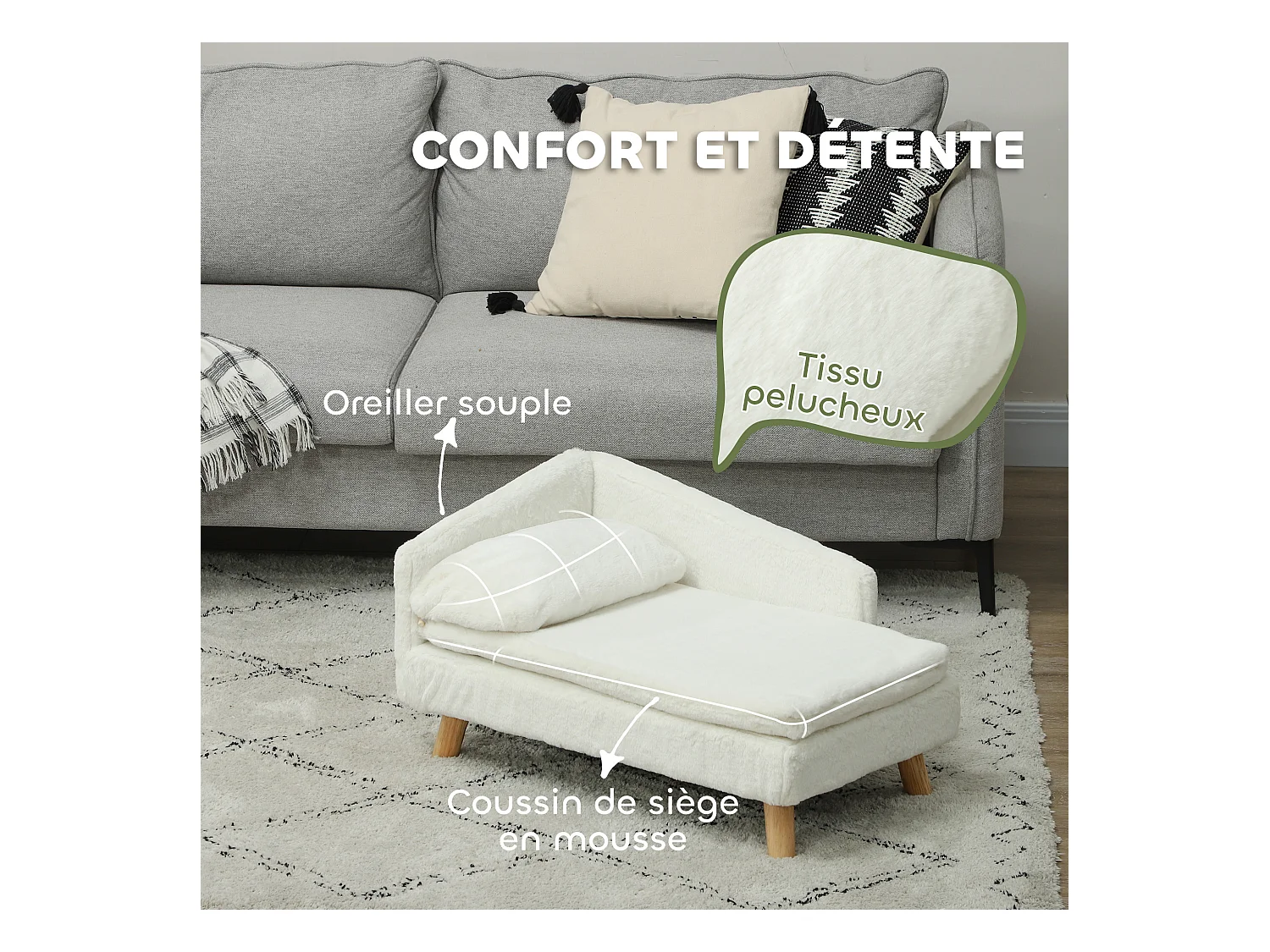 Canapé chien méridienne style scandinave 2 coussins déhoussables bois aspect fourrure crème