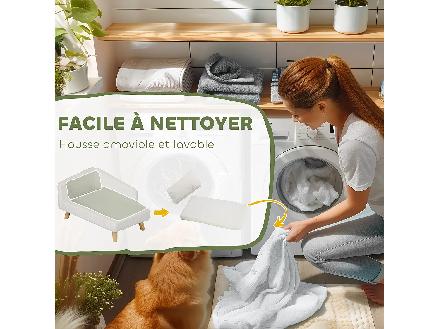 Canapé chien méridienne style scandinave 2 coussins déhoussables bois aspect fourrure crème