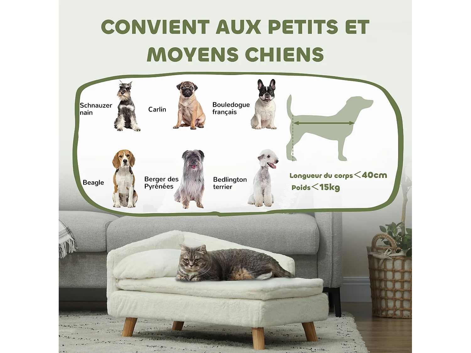 Canapé chien méridienne style scandinave 2 coussins déhoussables bois aspect fourrure crème