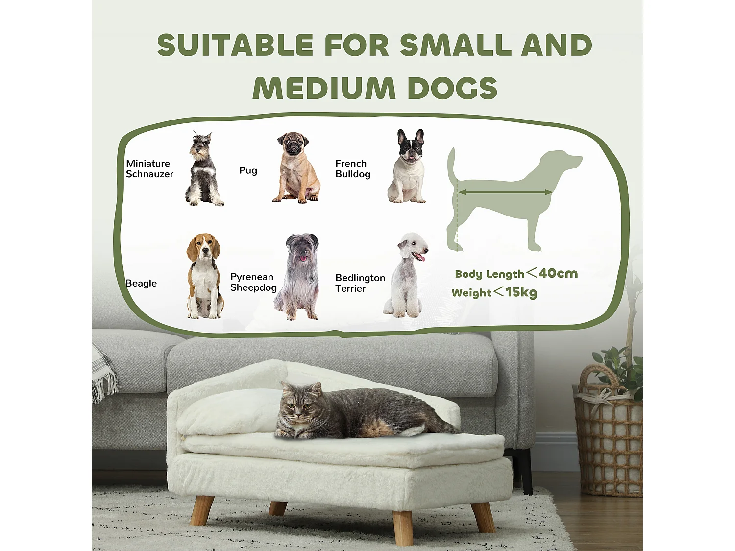 Canapé chien méridienne style scandinave 2 coussins déhoussables bois aspect fourrure crème