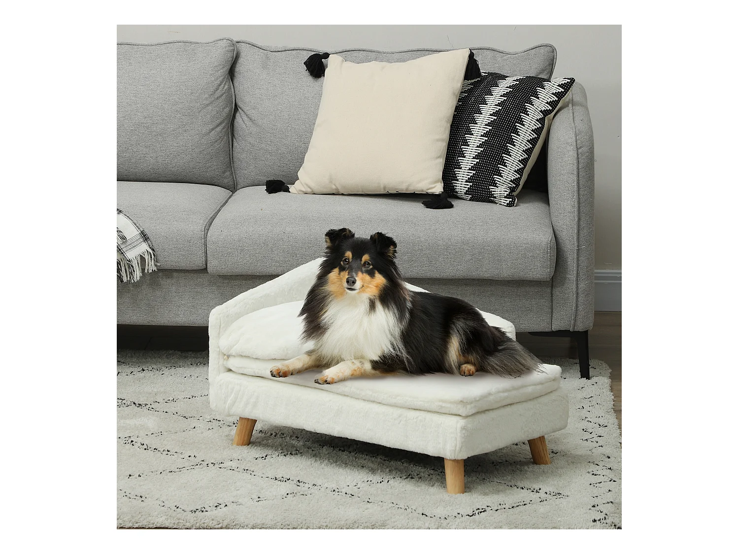 Canapé chien méridienne style scandinave 2 coussins déhoussables bois aspect fourrure crème