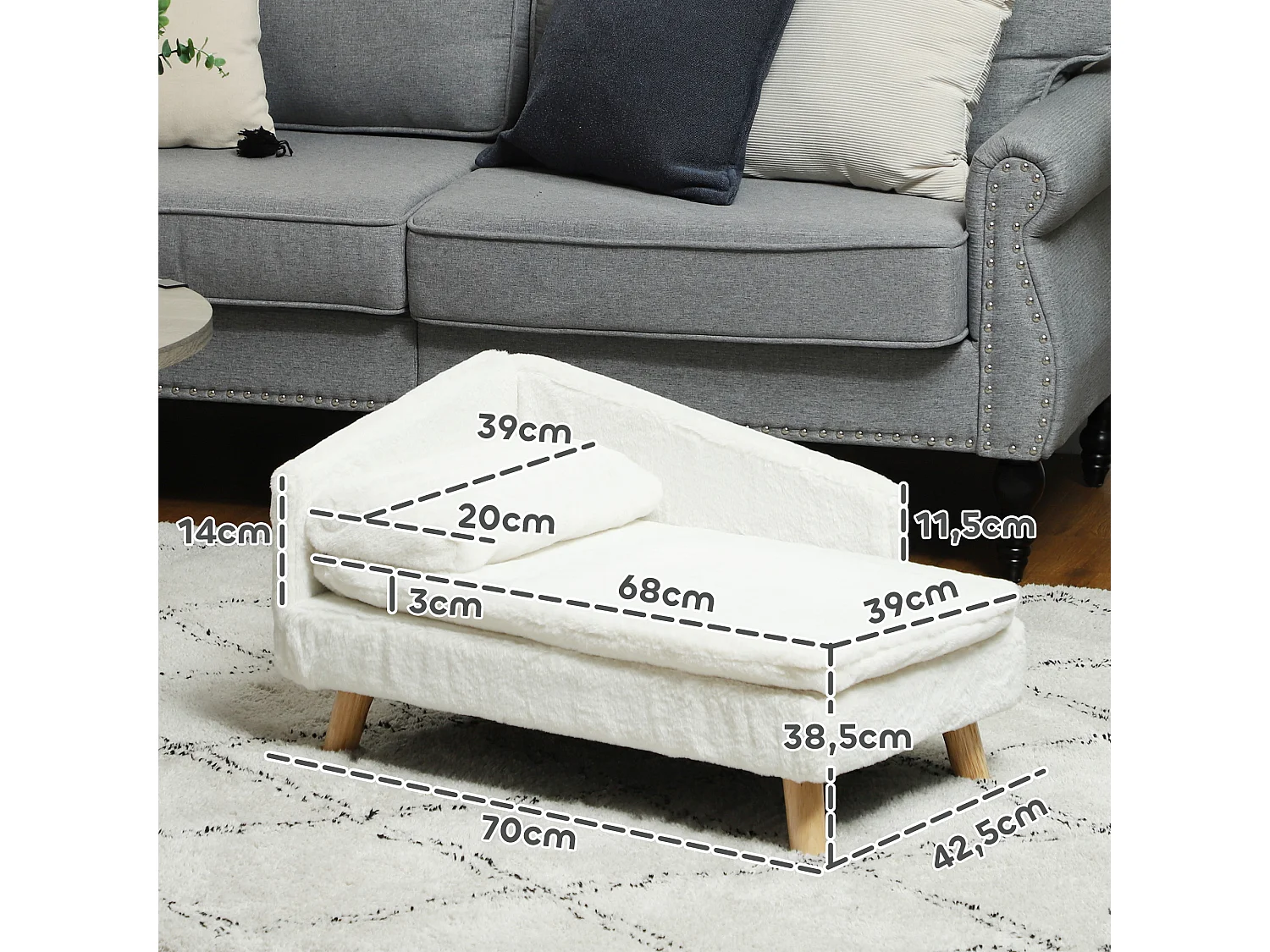 Canapé chien méridienne style scandinave 2 coussins déhoussables bois aspect fourrure crème