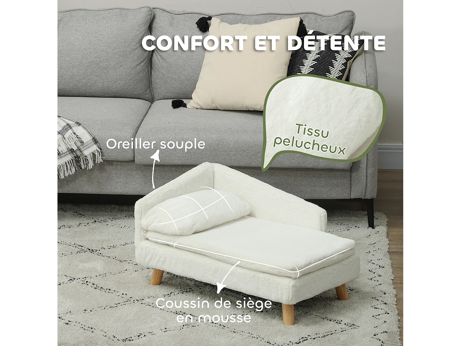 Canapé chien méridienne style scandinave 2 coussins déhoussables bois aspect fourrure crème