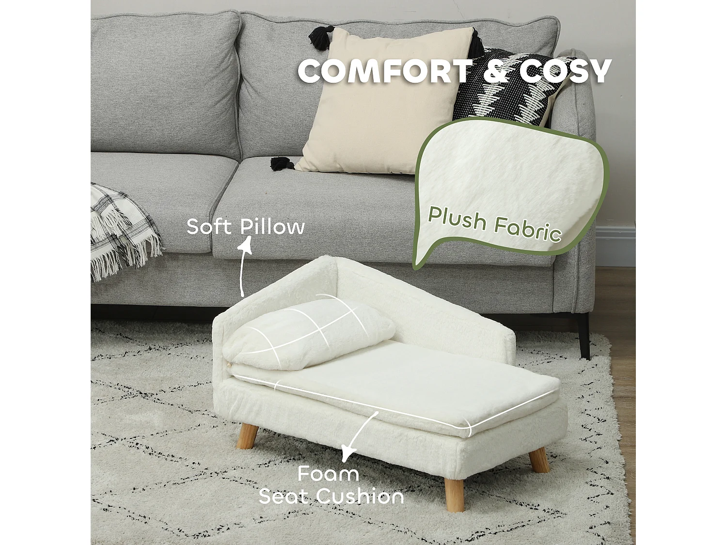 Canapé chien méridienne style scandinave 2 coussins déhoussables bois aspect fourrure crème