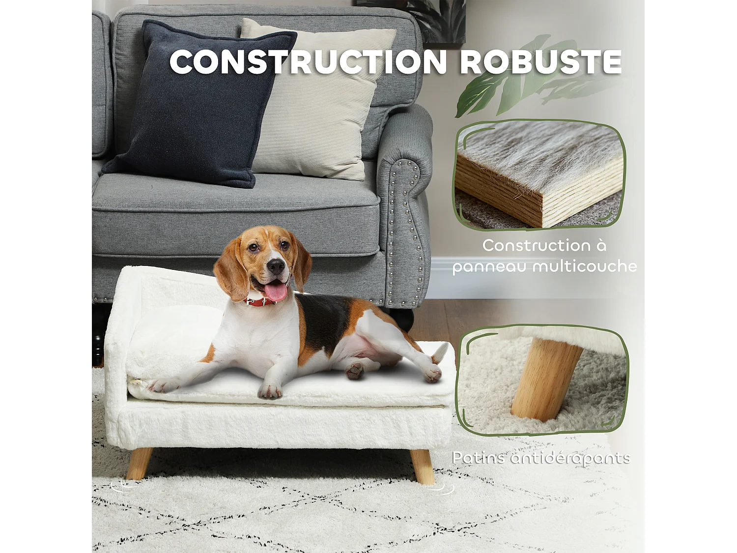 Canapé chien méridienne style scandinave 2 coussins déhoussables bois aspect fourrure crème