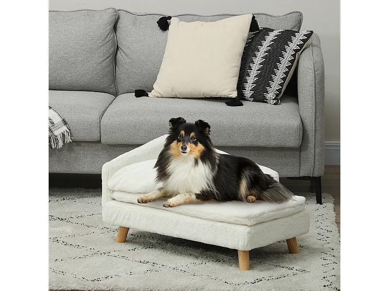 Canapé chien méridienne style scandinave 2 coussins déhoussables bois aspect fourrure crème