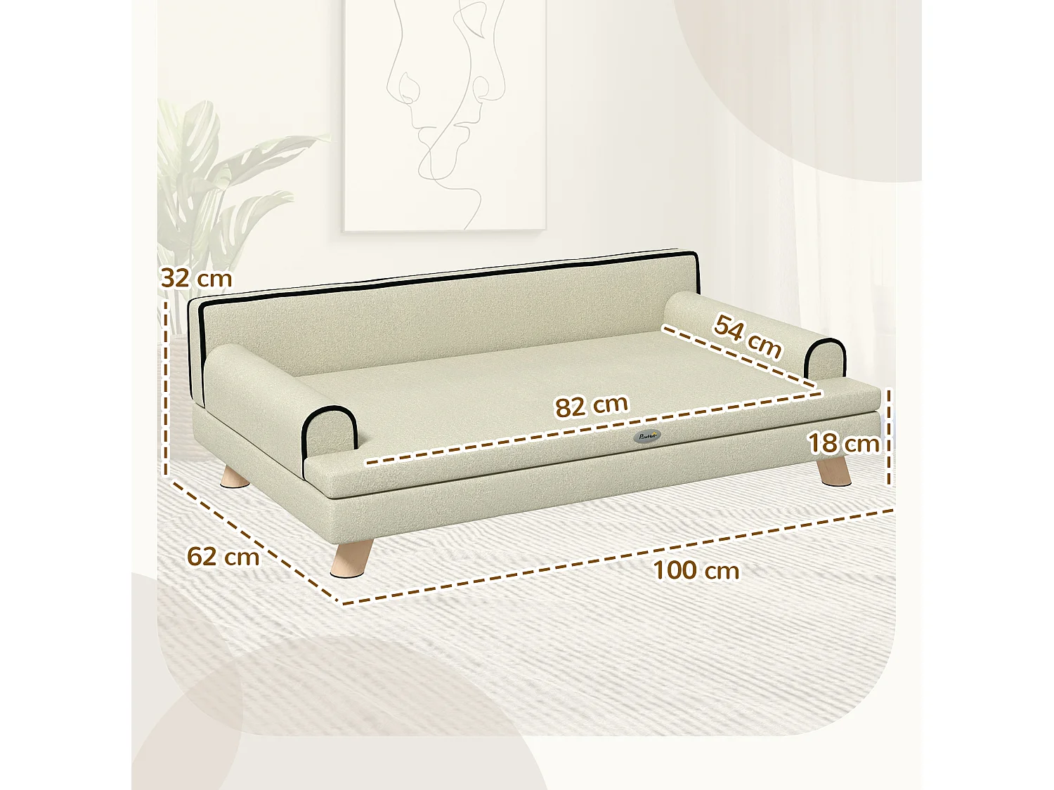 Canapé chien lit pour chien design scandinave coussin moelleux piètement bois dim. 100L x 62l x 32H cm polyester beige