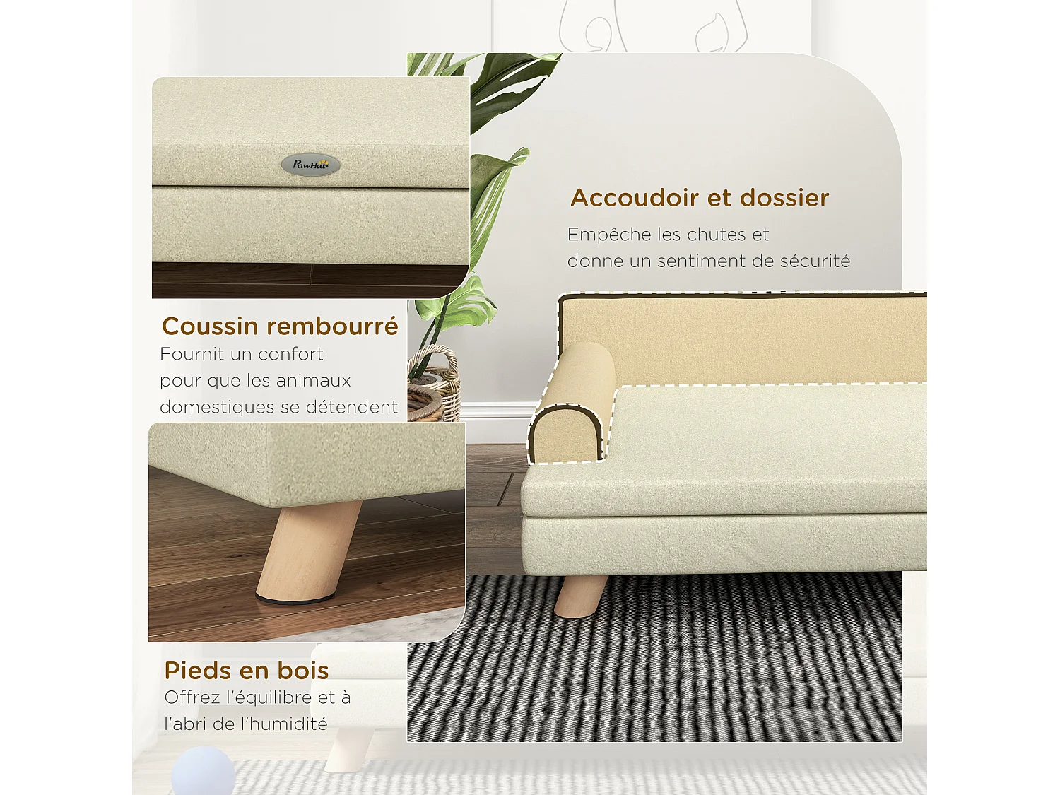 Canapé chien lit pour chien design scandinave coussin moelleux piètement bois dim. 100L x 62l x 32H cm polyester beige
