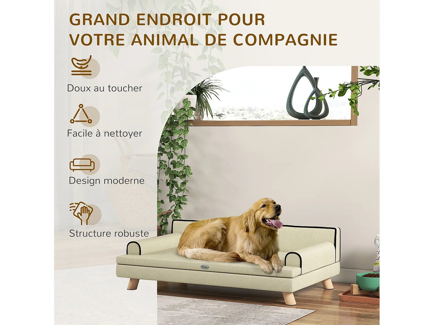 Canapé chien lit pour chien design scandinave coussin moelleux piètement bois dim. 100L x 62l x 32H cm polyester beige