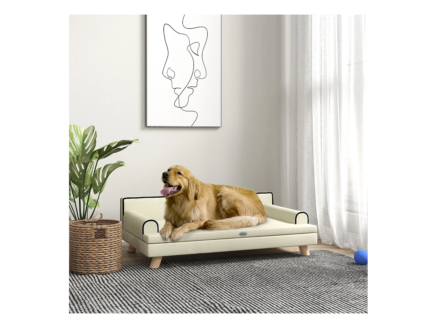 Canapé chien lit pour chien design scandinave coussin moelleux piètement bois dim. 100L x 62l x 32H cm polyester beige