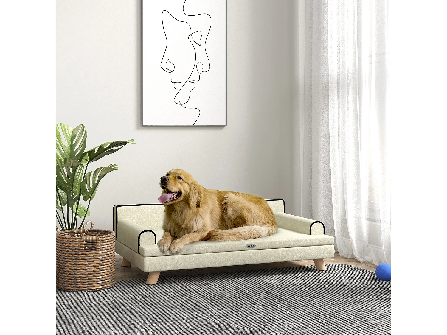 Canapé chien lit pour chien design scandinave coussin moelleux piètement bois dim. 100L x 62l x 32H cm polyester beige