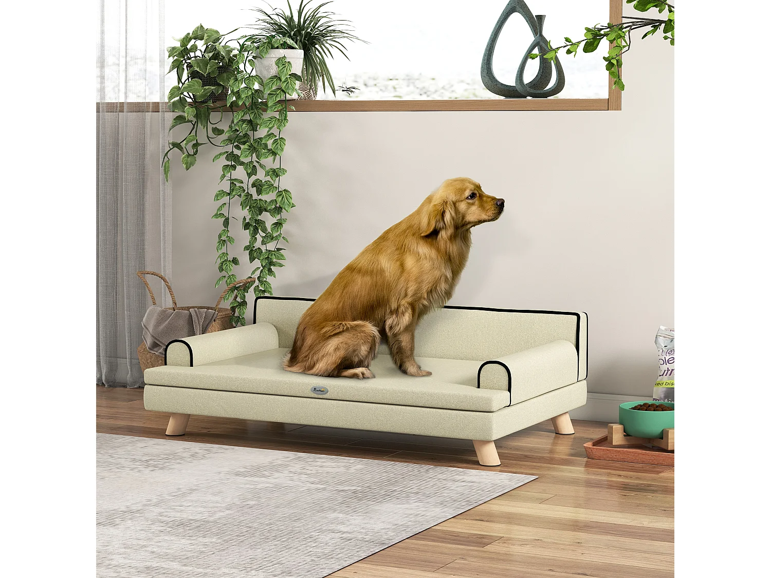 Canapé chien lit pour chien design scandinave coussin moelleux piètement bois dim. 100L x 62l x 32H cm polyester beige