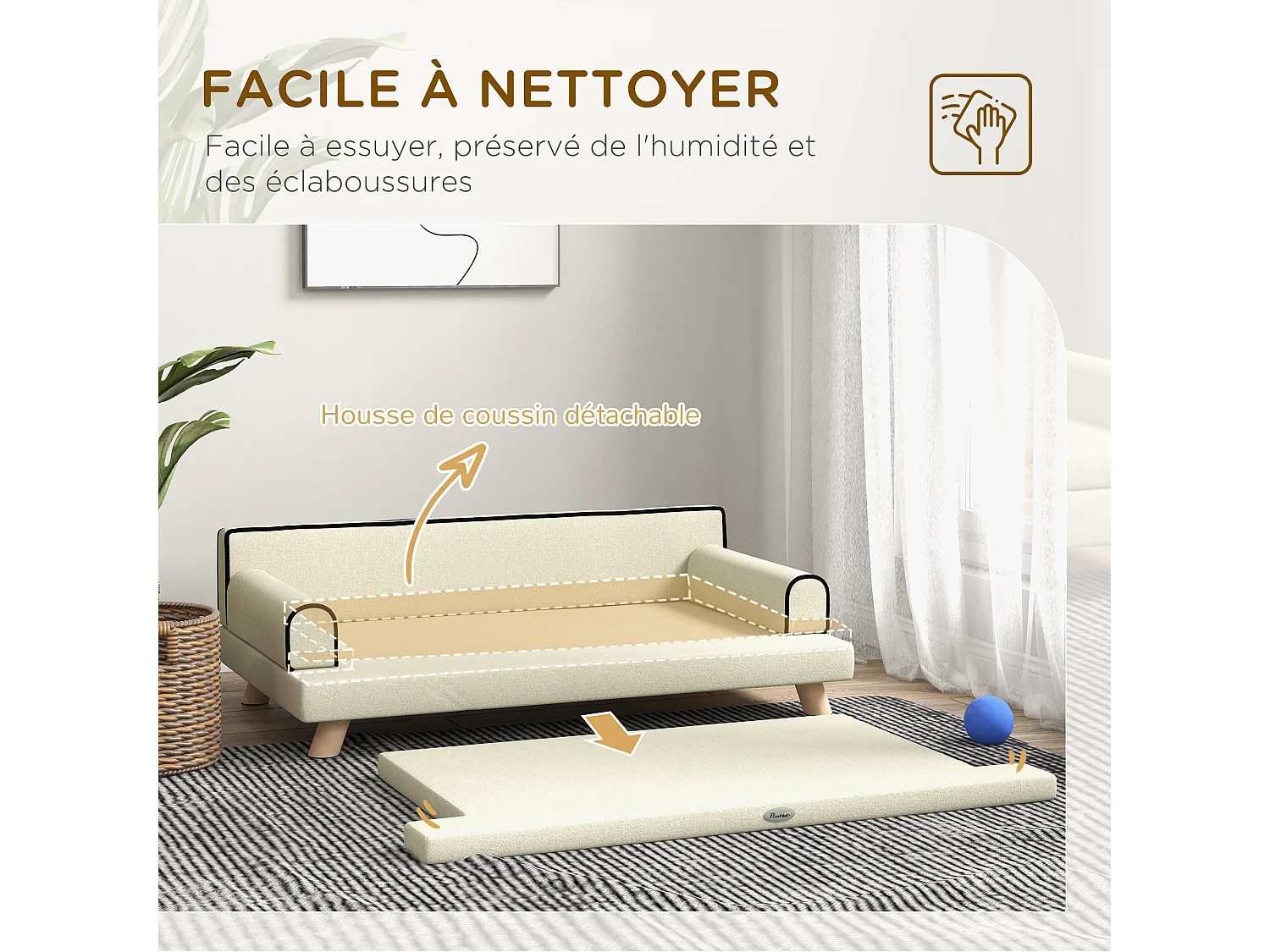 Canapé chien lit pour chien design scandinave coussin moelleux piètement bois dim. 100L x 62l x 32H cm polyester beige