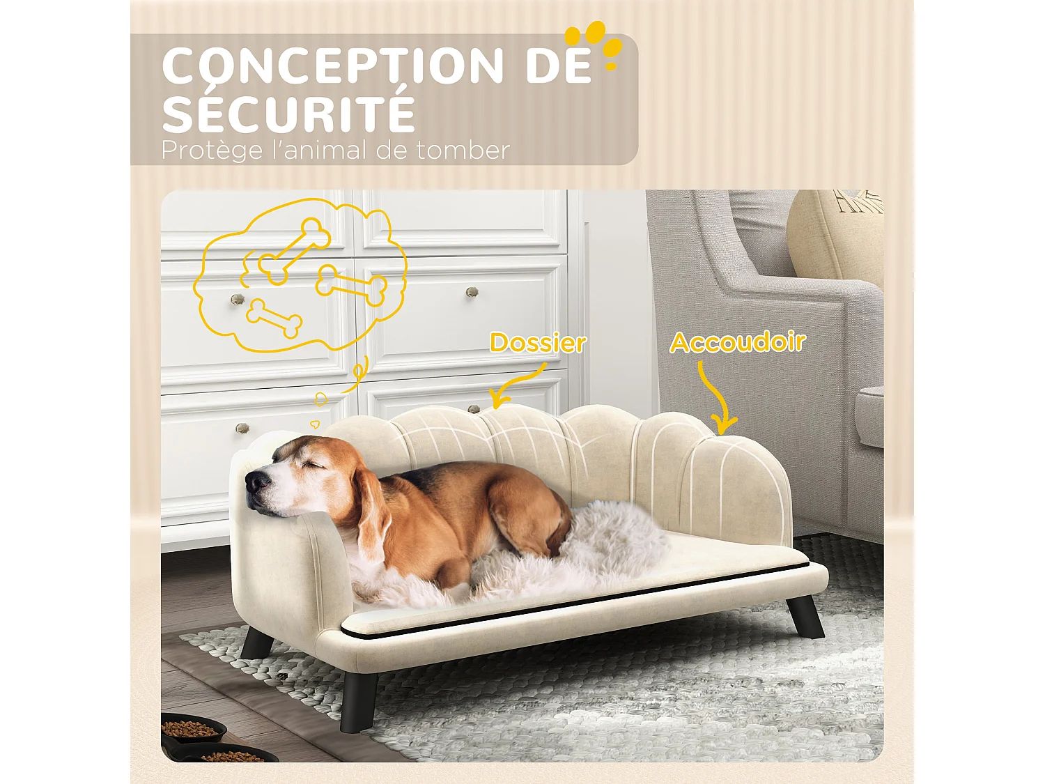 Canapé chien lit pour chien chat design contemporain coquillage dim. 98L x 60l x 35H cm coussin moelleux velours crème