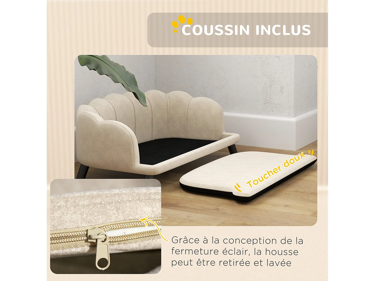 Canapé chien lit pour chien chat design contemporain coquillage dim. 98L x 60l x 35H cm coussin moelleux velours crème