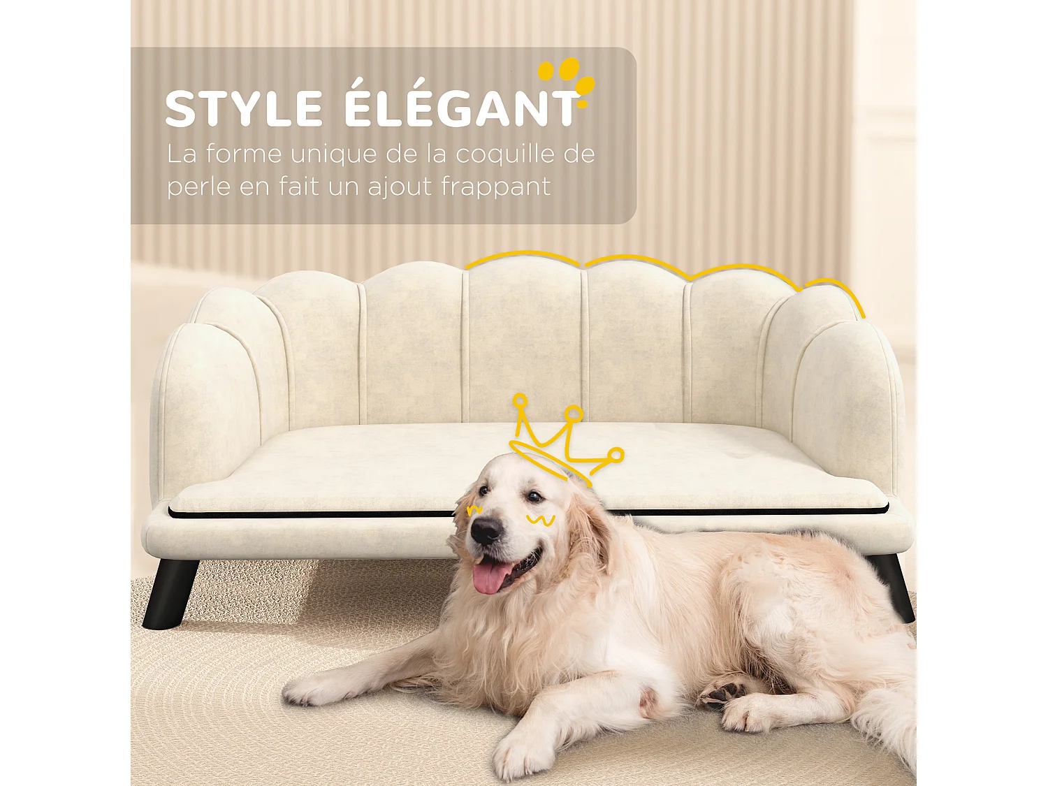 Canapé chien lit pour chien chat design contemporain coquillage dim. 98L x 60l x 35H cm coussin moelleux velours crème