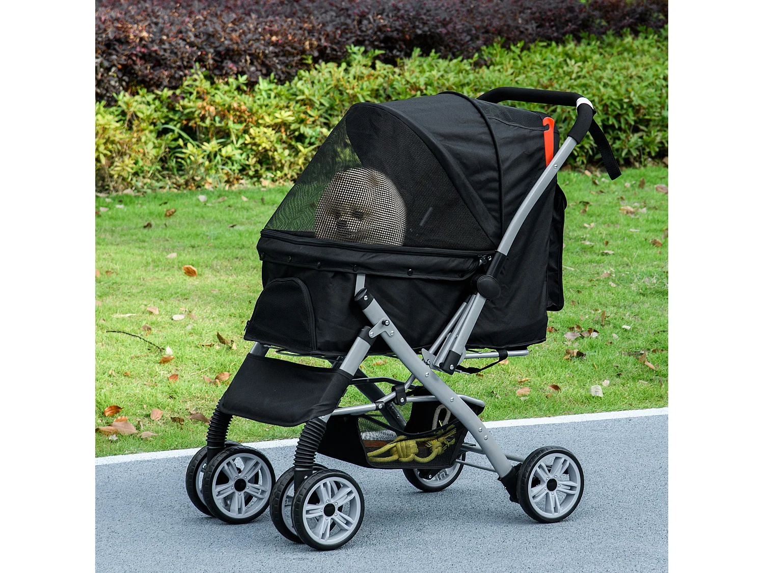 Poussette buggy pliable chien chat panier et sac de rangement attaches sécurité housse réglable poignée réversible acier Oxford noir