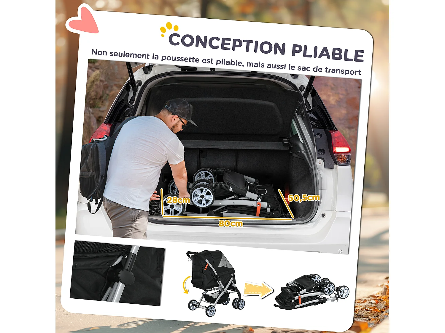 Poussette buggy pliable chien chat panier et sac de rangement attaches sécurité housse réglable poignée réversible acier Oxford noir