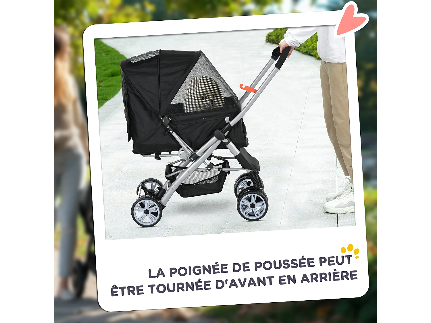Poussette buggy pliable chien chat panier et sac de rangement attaches sécurité housse réglable poignée réversible acier Oxford noir