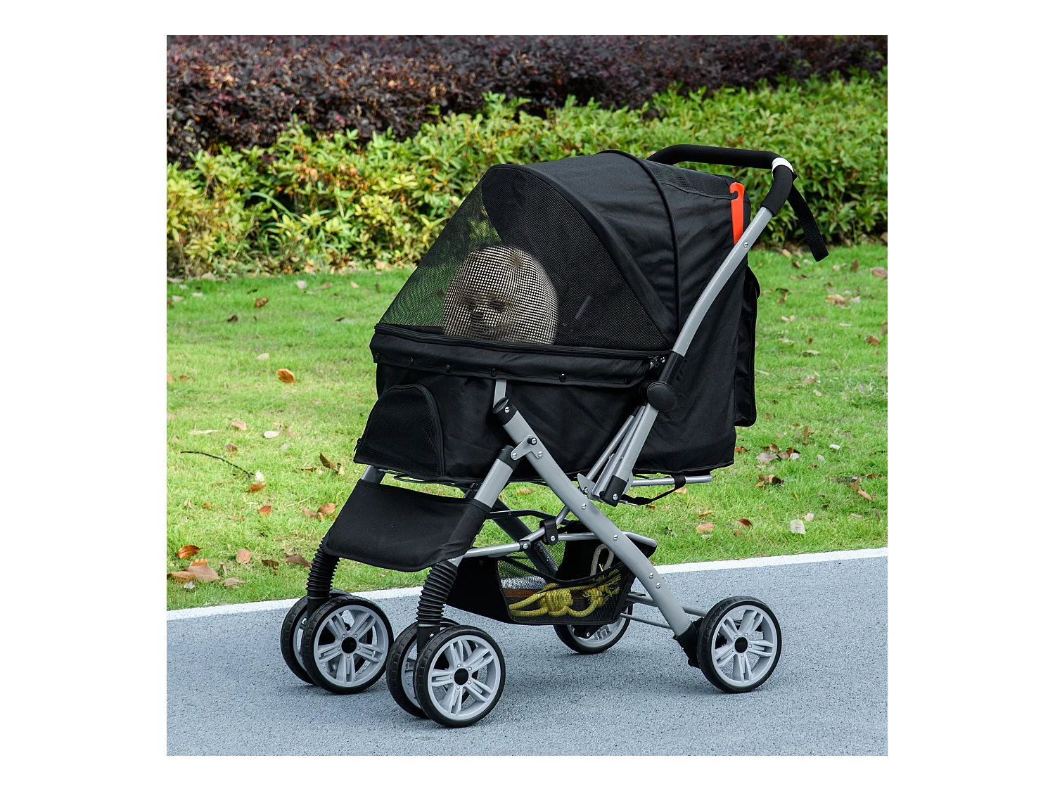 Poussette buggy pliable chien chat panier et sac de rangement attaches sécurité housse réglable poignée réversible acier Oxford noir