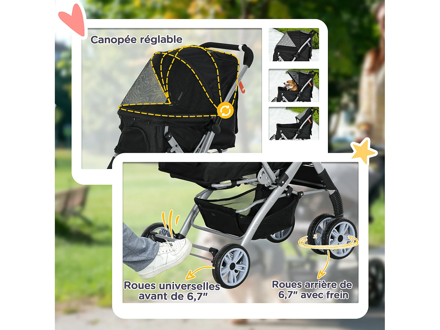 Poussette buggy pliable chien chat panier et sac de rangement attaches sécurité housse réglable poignée réversible acier Oxford noir