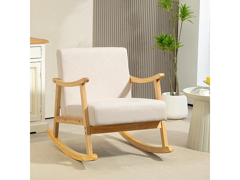 Fauteuil lounge à bascule rocking chair piètement structure bois hévéa épais coussins beige