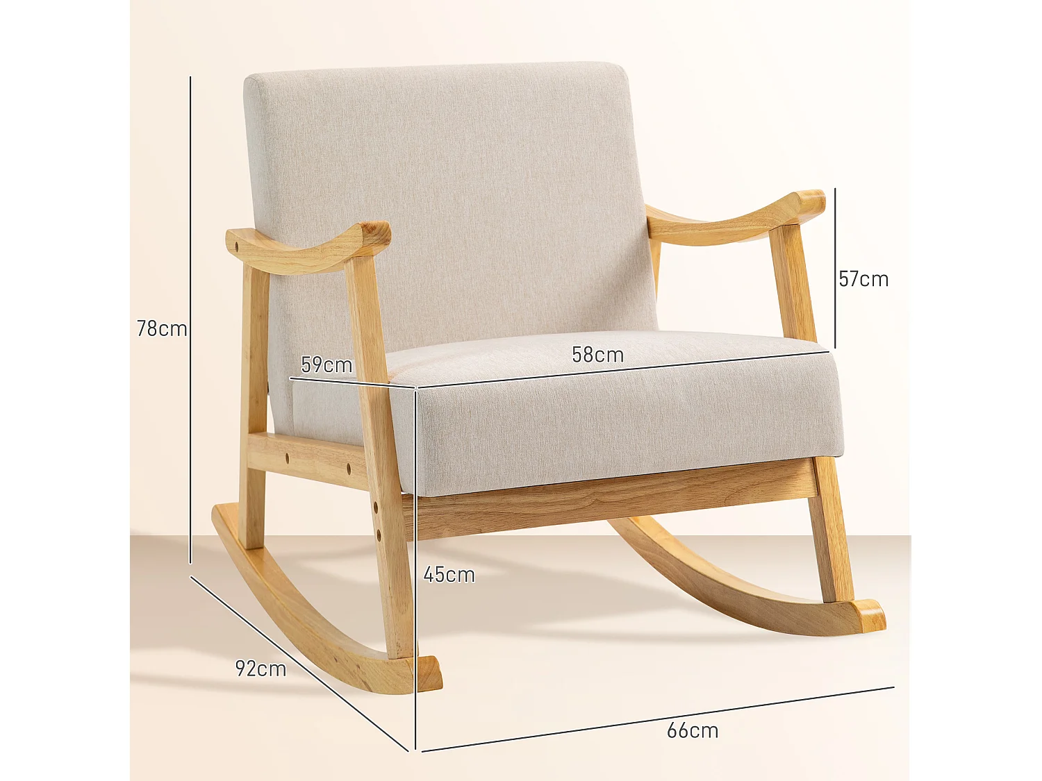 Fauteuil lounge à bascule rocking chair piètement structure bois hévéa épais coussins beige