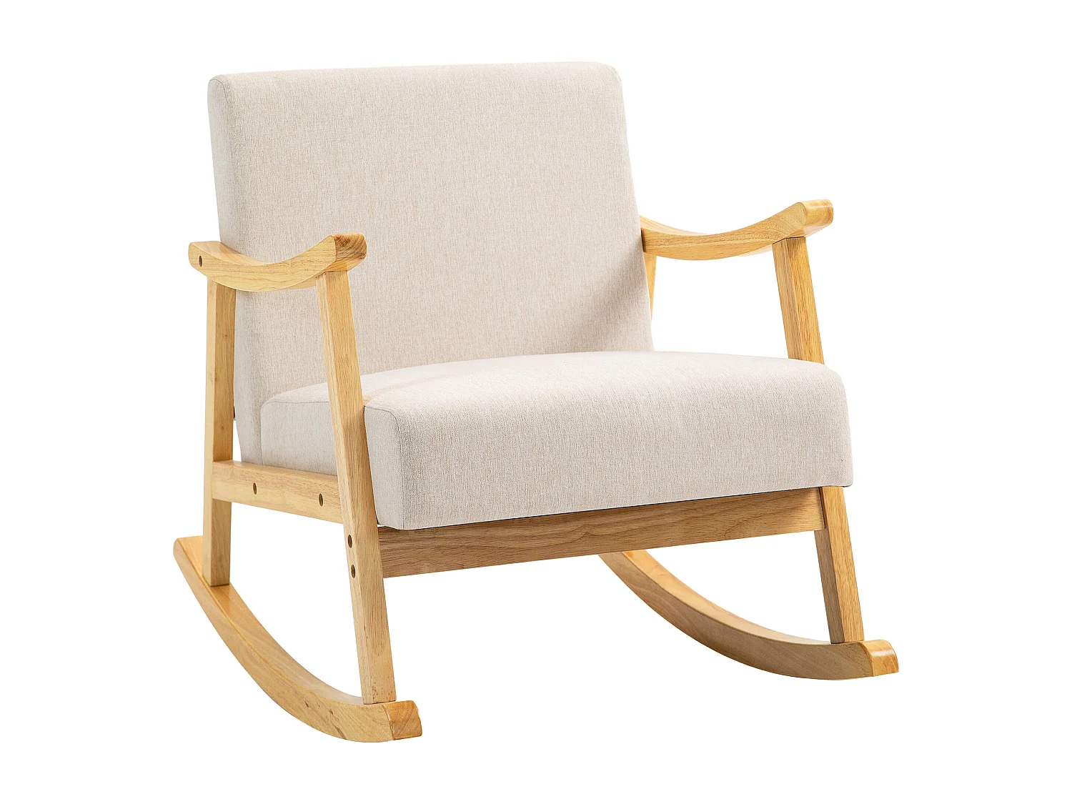 Fauteuil lounge à bascule rocking chair piètement structure bois hévéa épais coussins beige