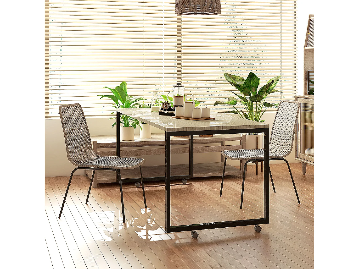 Lot de 2 chaises salle à manger style cosy piètement acier noir résine tressée aspect rotin