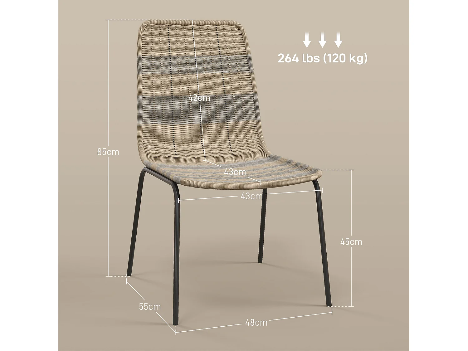 Lot de 2 chaises salle à manger style cosy piètement acier noir résine tressée aspect rotin